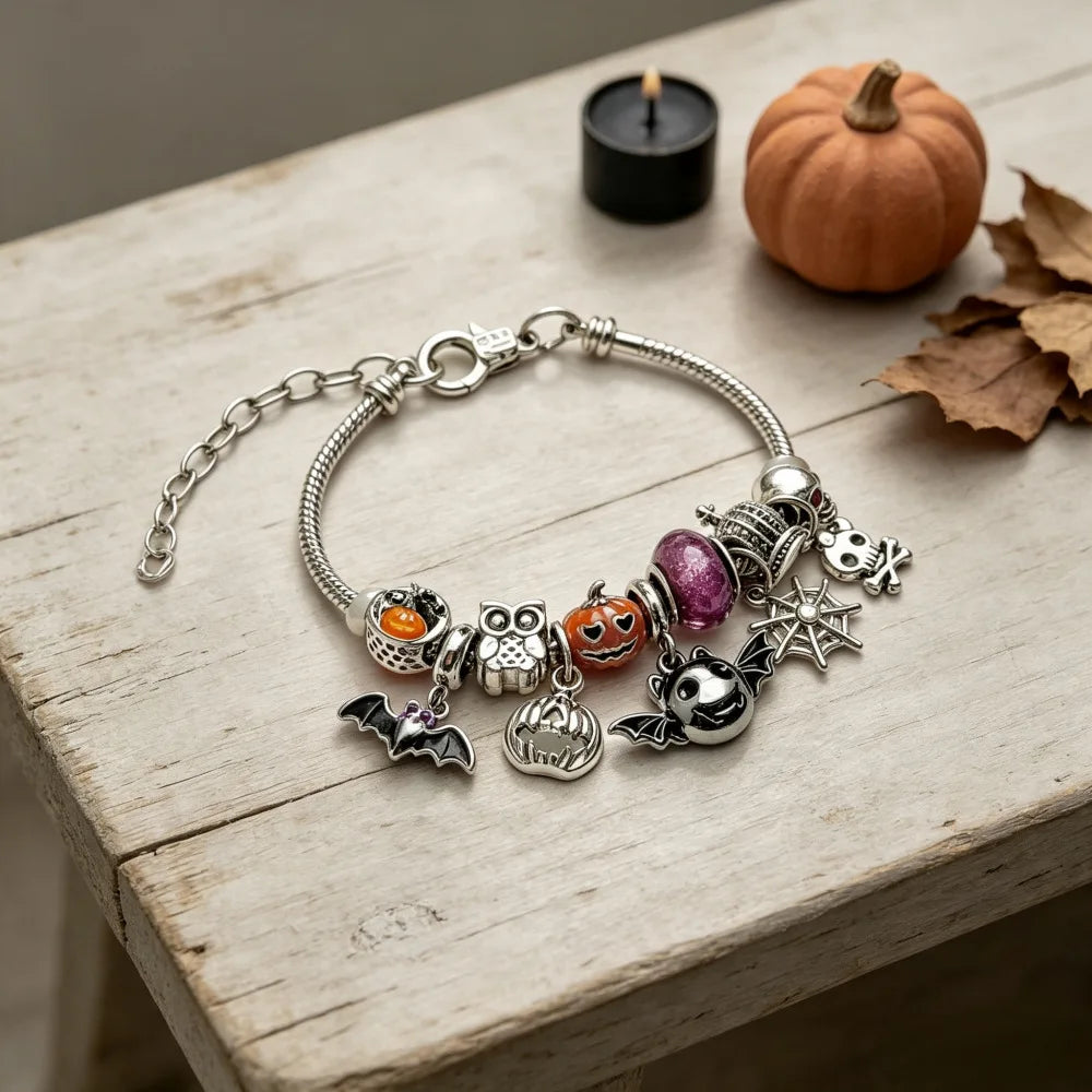 Silver Halloween charm bracelet close-up
