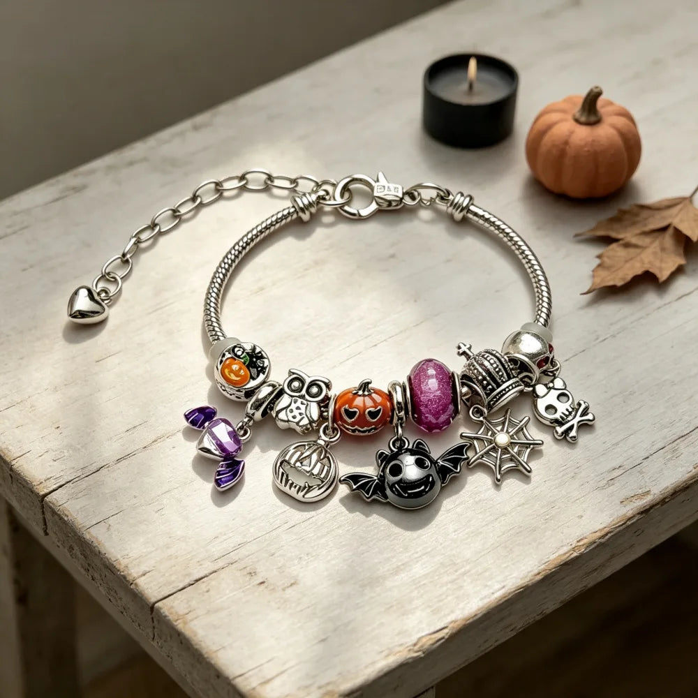 Halloween charm bracelet in silver with pumpkin and bat charms