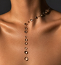 Crystal Drop Lariat Necklace worn on model, graduated crystal droplets cascading down a delicate chain